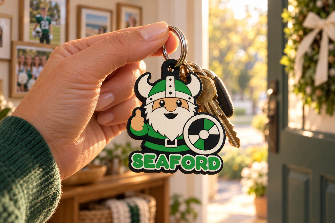 The keychain held up at a front door