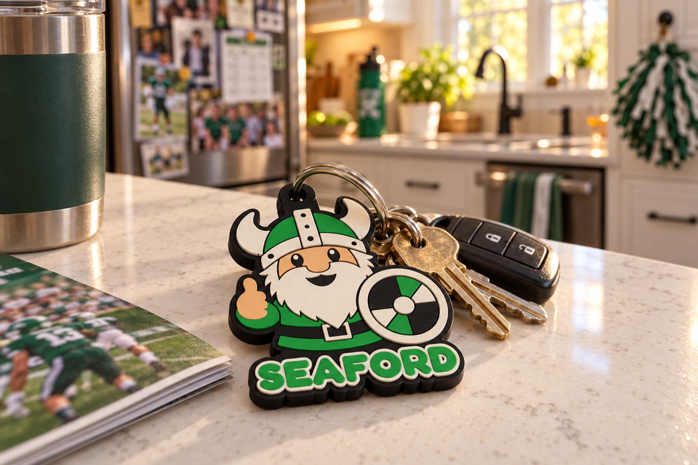 The keychain on a kitchen counter