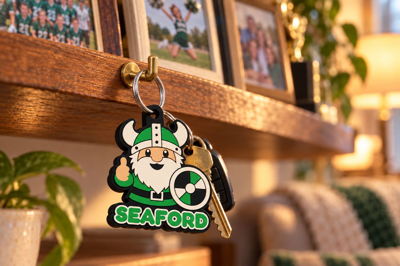 The keychain hanging from a hook under team photos