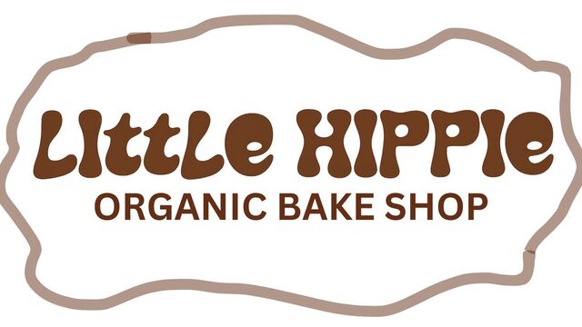 Flat artwork of brown bubble lettering reading Little Hippie, Organic Bake Shop, inside a hand-drawn wavy outline.