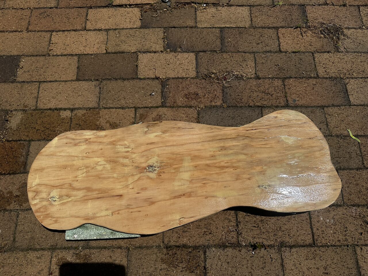 A plywood board cut to a long wavy outline, lying on brick pavers.