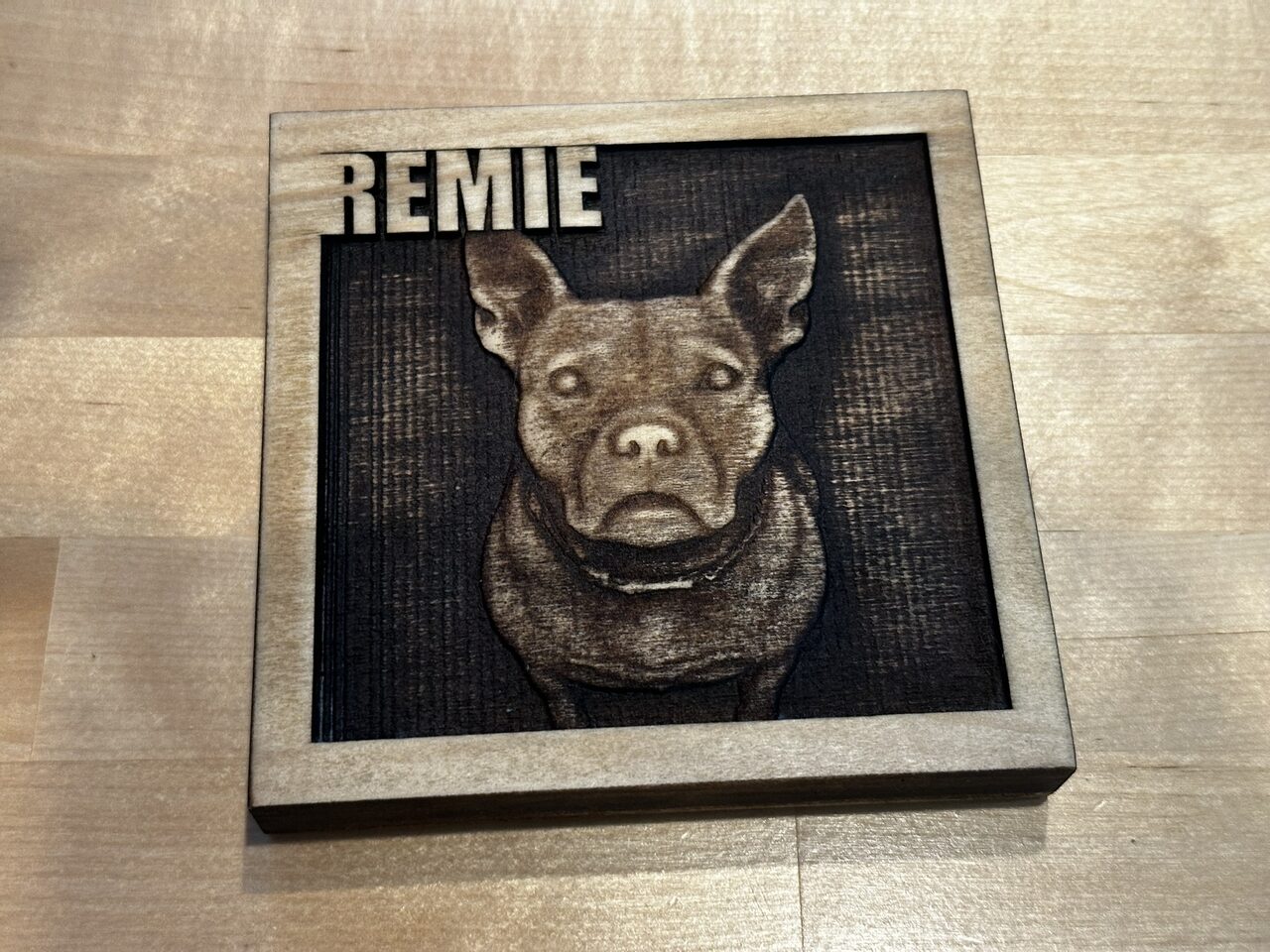 Wood plaque engraved with a head-on portrait of a dog with large upright ears, the name REMIE at top left.
