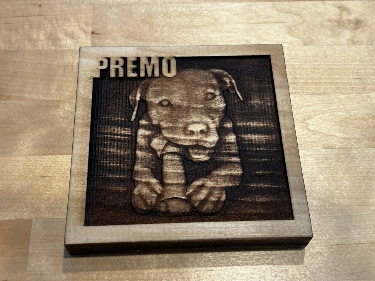 Wood plaque engraved with a puppy resting its paws over a ledge, the name PREMO at top left.