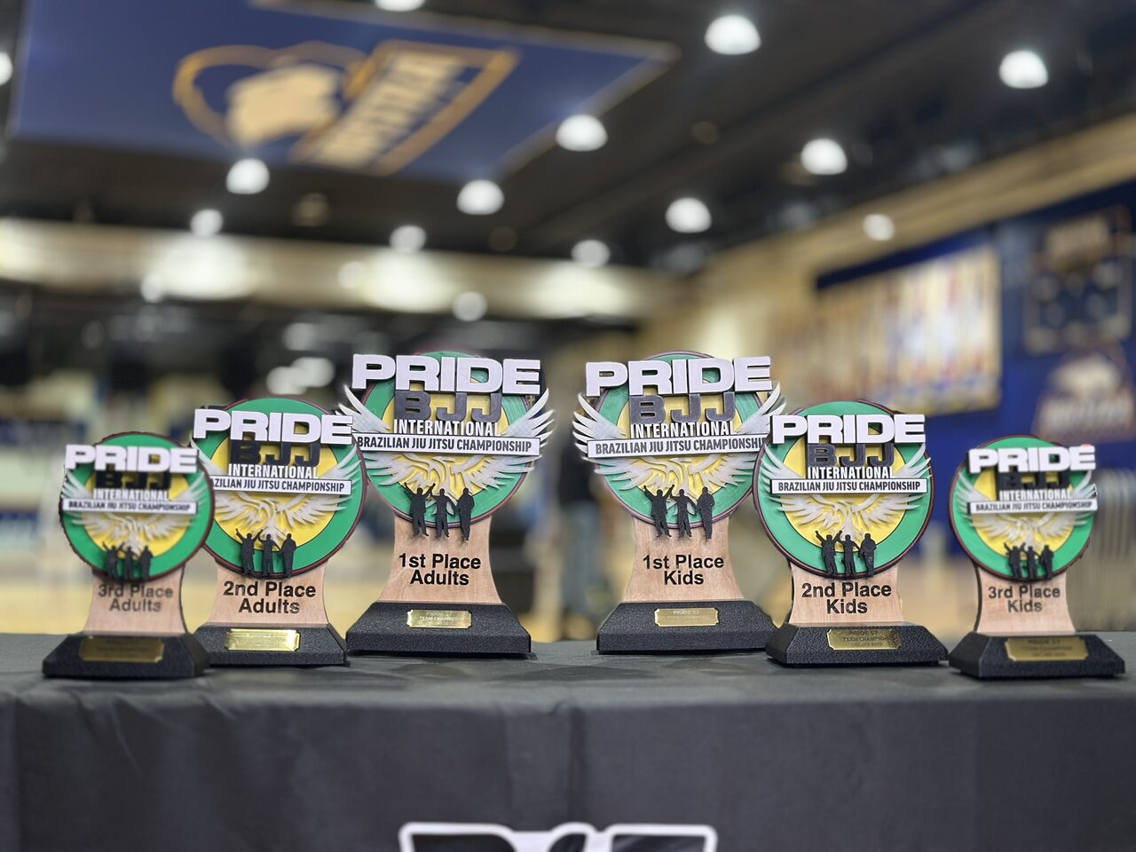 Six matching trophies in a row on a black tablecloth, adults on the left and kids on the right, with a blurred arena behind.