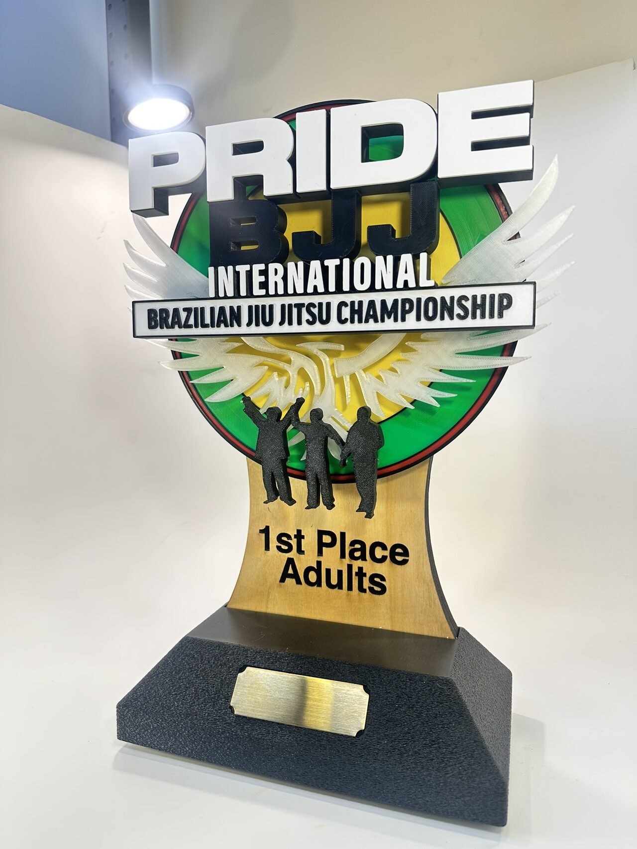 The 1st Place Adults trophy on a white backdrop, seen from the front and slightly below, before its plate was engraved.