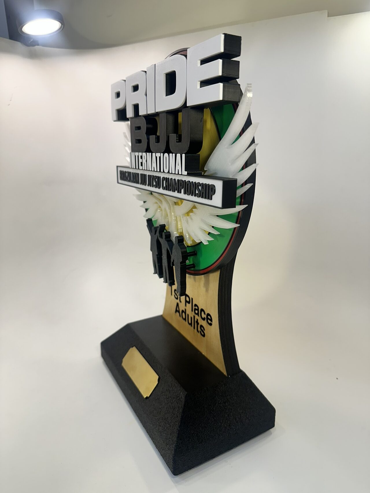 The same trophy from a steep side angle, showing how far the stacked lettering and wings stand off the disc.