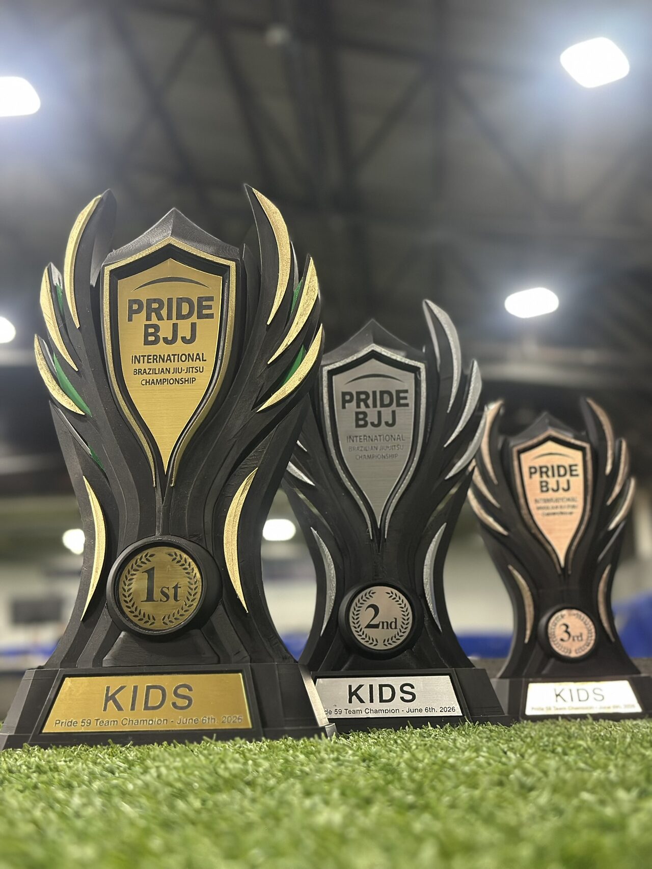 Three trophies in a receding row on green turf, largest in front: black wing-shaped bodies around gold, silver and bronze-coloured shields reading Pride BJJ, each with a round placing medallion and a base plate reading Kids.