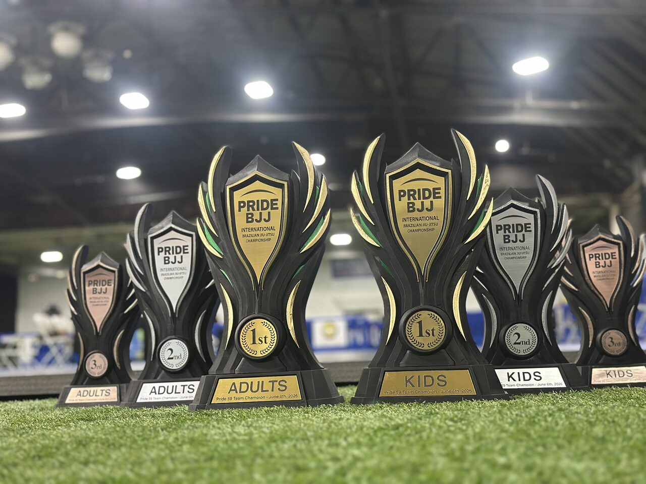 All six trophies in a line on green turf, the two gold 1st place trophies in the middle with silver and bronze stepping down on each side.