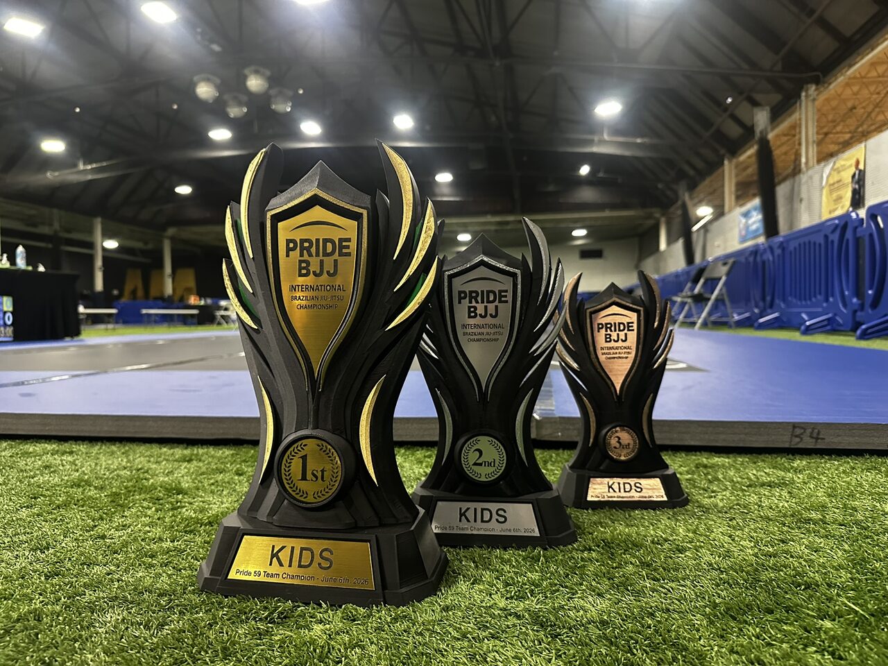 The gold, silver and bronze Kids trophies in a diagonal row on turf beside a blue mat, seen from a low angle.