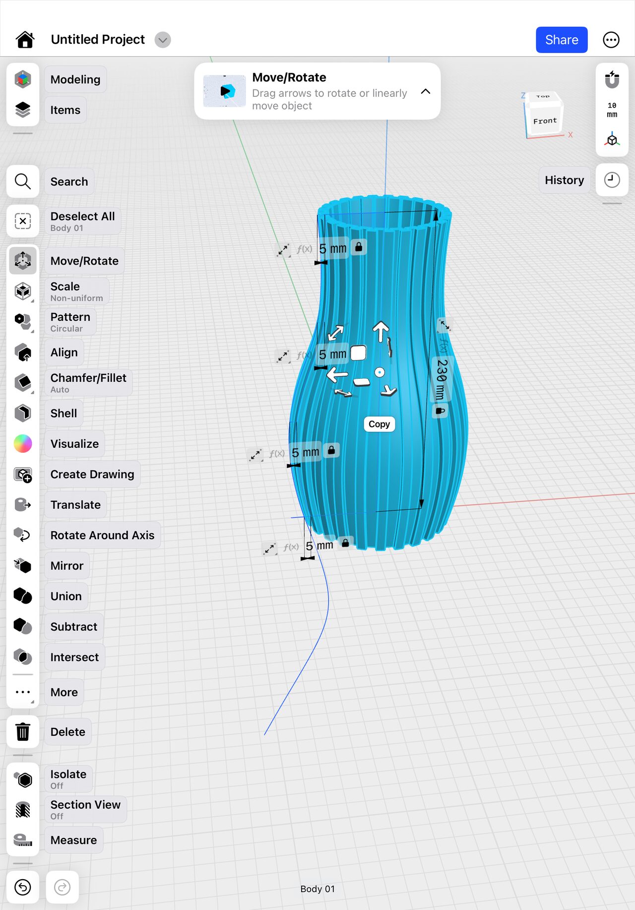 Tablet CAD screenshot of the ribbed lamp shade body shown in blue with dimension handles