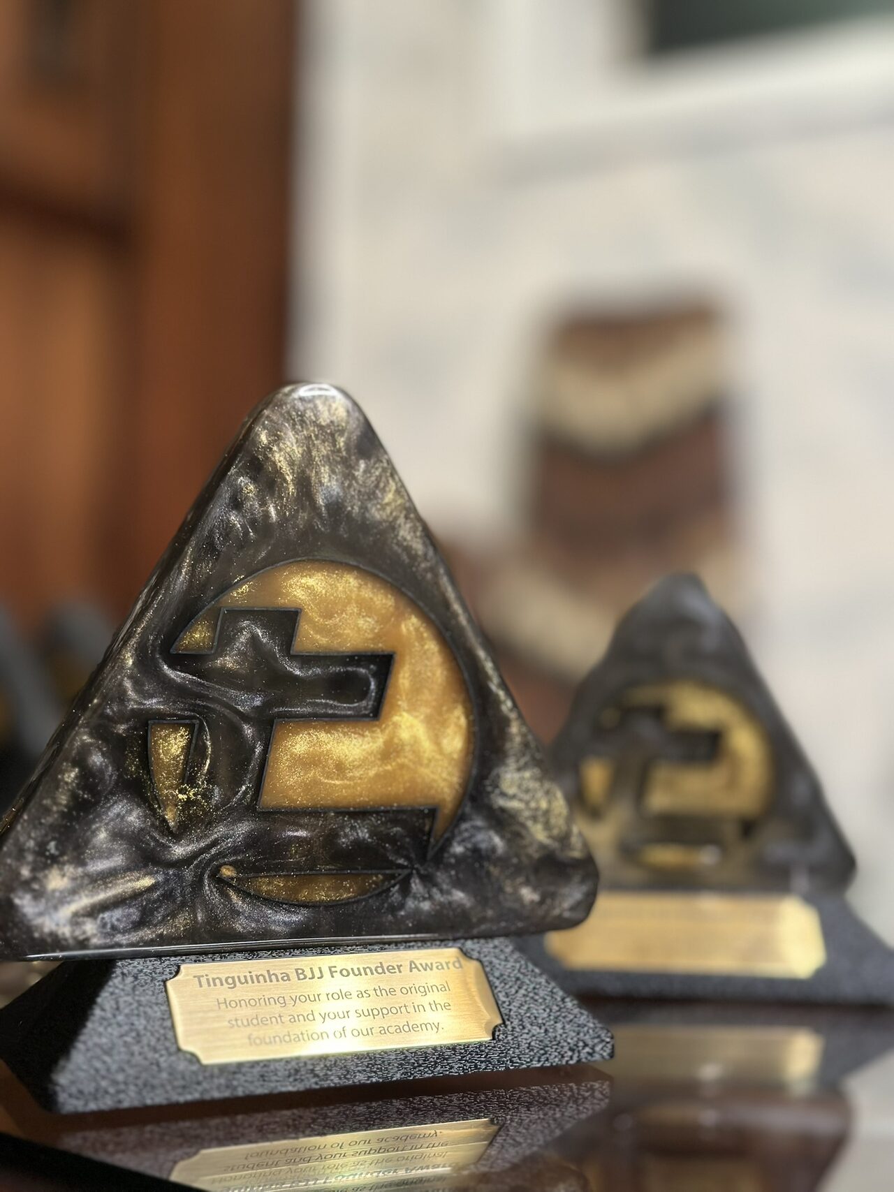 Close view of an award with a gold resin logo in a black and gold marbled triangle, brass plate reading Tinguinha BJJ Founder Award, a second gold award soft behind it.