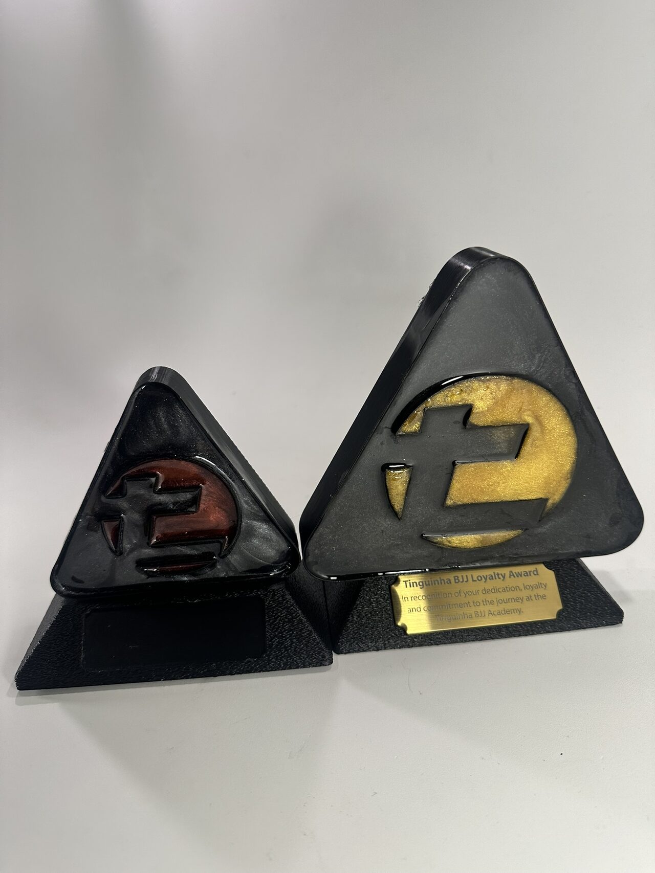 Two glossy black triangle awards on a white backdrop: a small one with a red logo and a larger one with a gold logo and an engraved brass plate.